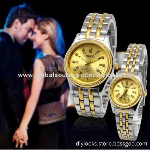 Golden Dial Diamond Quartz Stainless Steel Couple Watch
